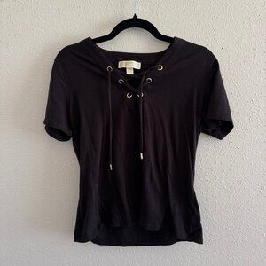 Michael Kors Black Lace-Up V-Neck Tee - Size M